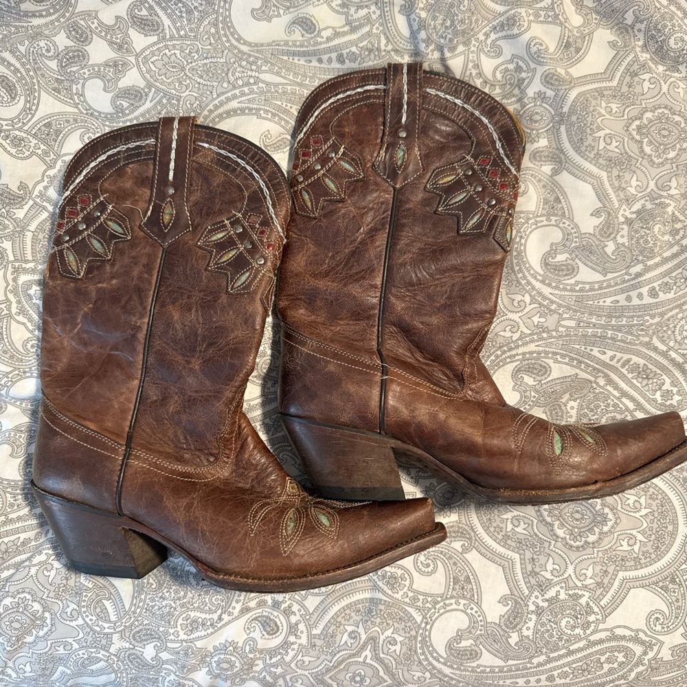 Tony Lama Brown Cowboy Boots with Embroidered Details